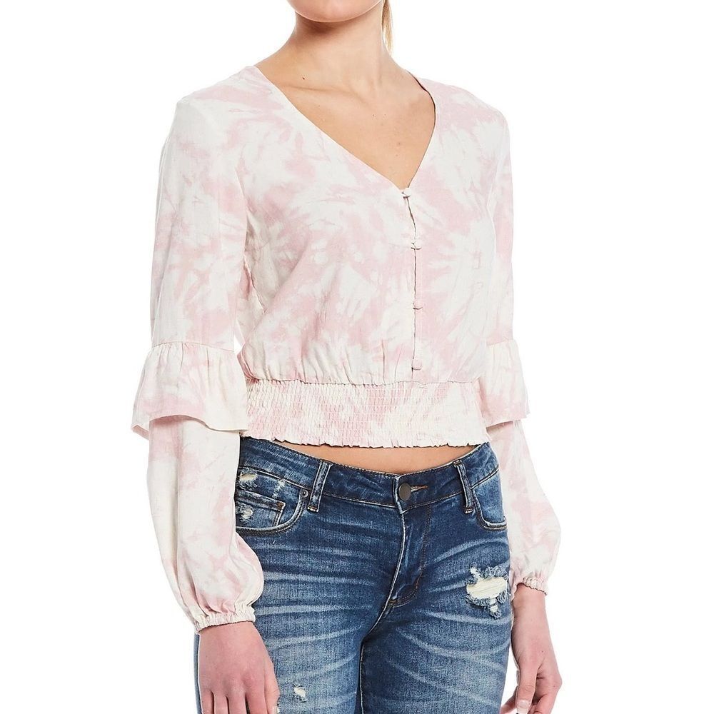 Love &‎ Piece Collective Pink Tie Dye Blouse Ruffle Sleeve Crop Smocked Waist